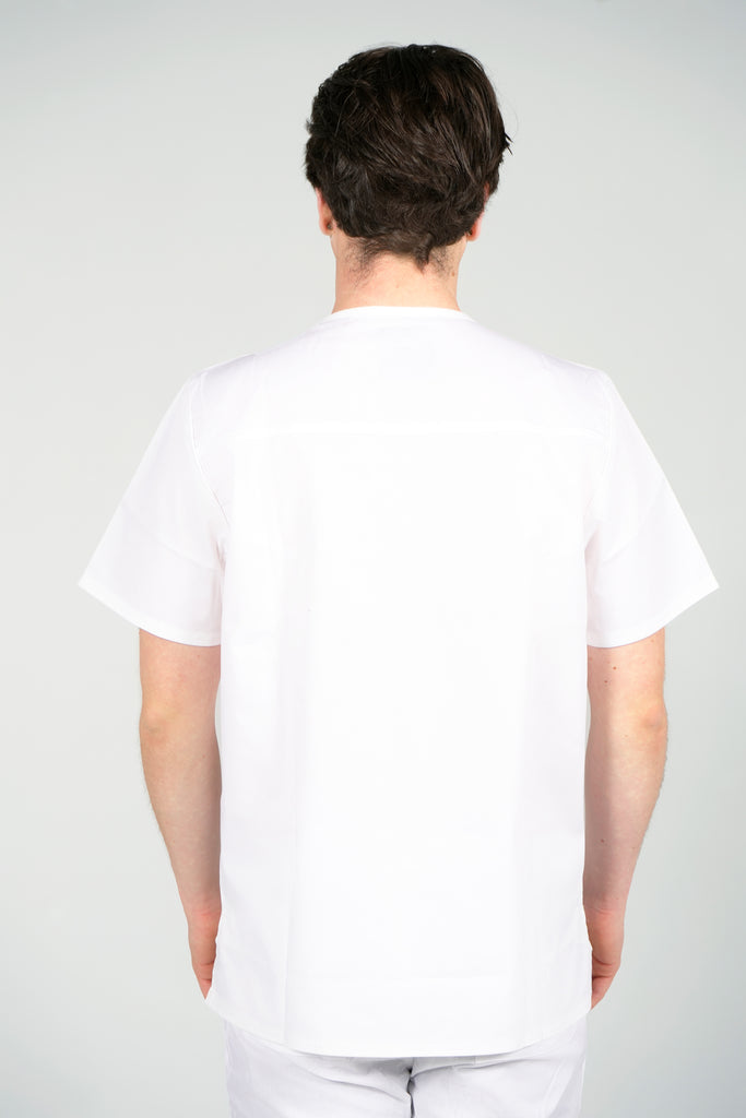 Men’s 2-Pocket V-Neck Scrub Top in White back view on model