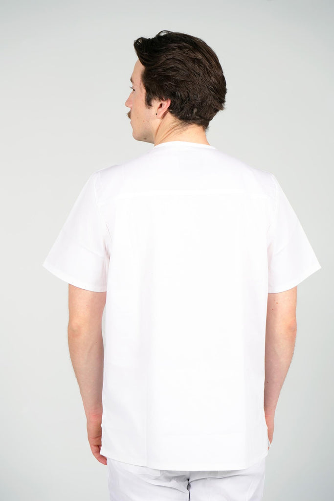 Men's 3-Pocket Scrub Top in White back view on model