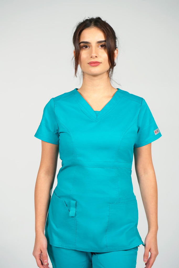 Women's 4-Pocket Curved V-Neck Scrub Top in Teal front view on model