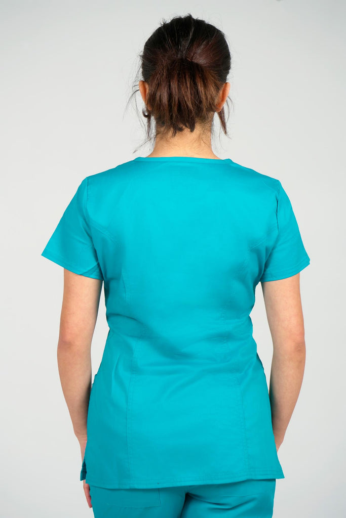 Women's 4-Pocket Curved V-Neck Scrub Top in Teal back view on model