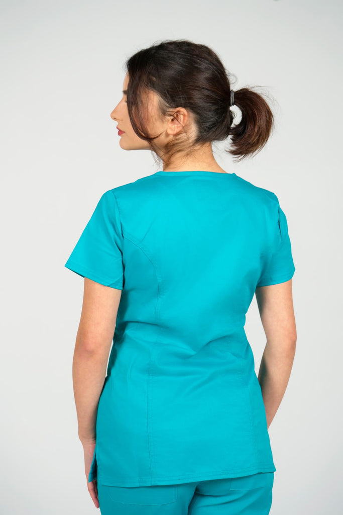 Women's 4-Pocket Curved V-Neck Scrub Top in Teal  back view on model