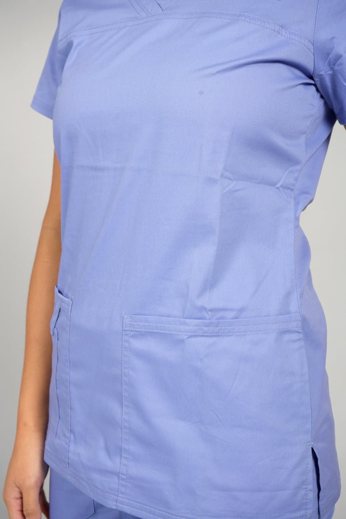 Women's Tailored 4-Pocket V-Neck Scrub Top in Periwinkle closeup on pockets