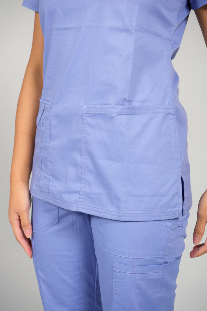 Women's Tailored 4-Pocket V-Neck Scrub Top in Periwinkle closeup on pockets and side slit