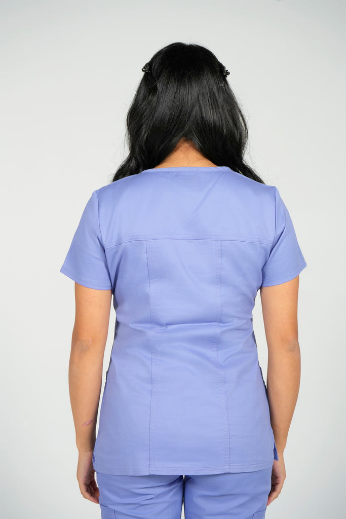 Women's Tailored 4-Pocket V-Neck Scrub Top in Periwinkle back view
