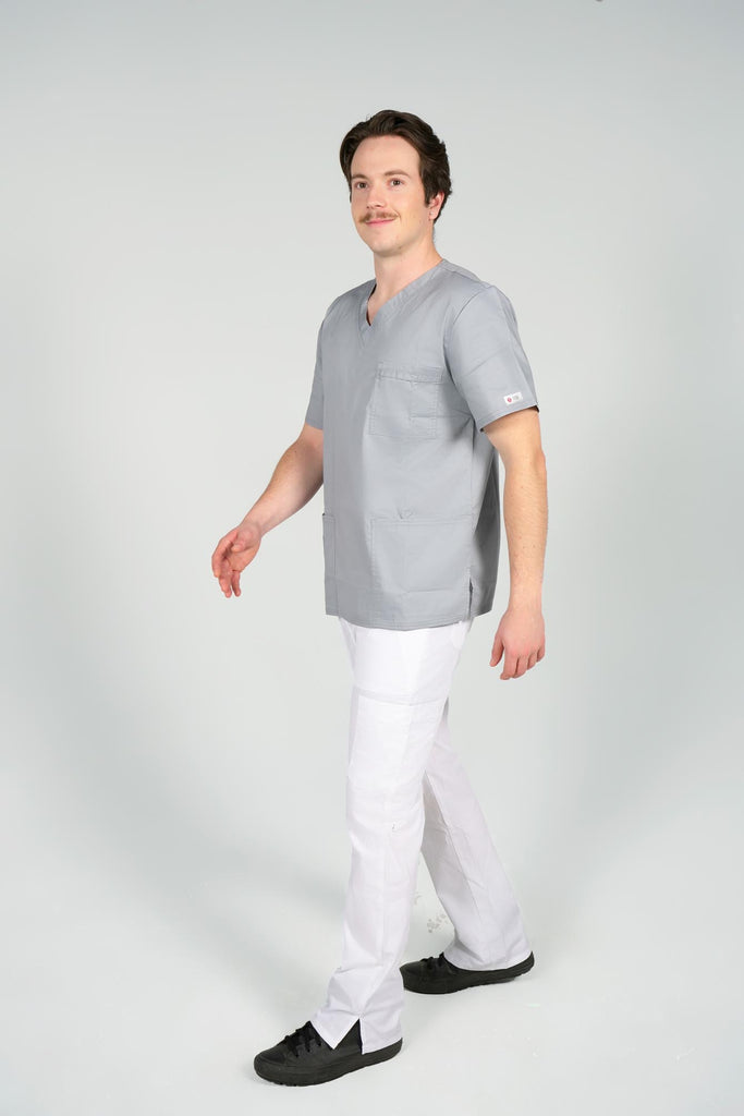 Men's 4-Pocket Scrub Top in Light Grey on model wearing white scrub pants