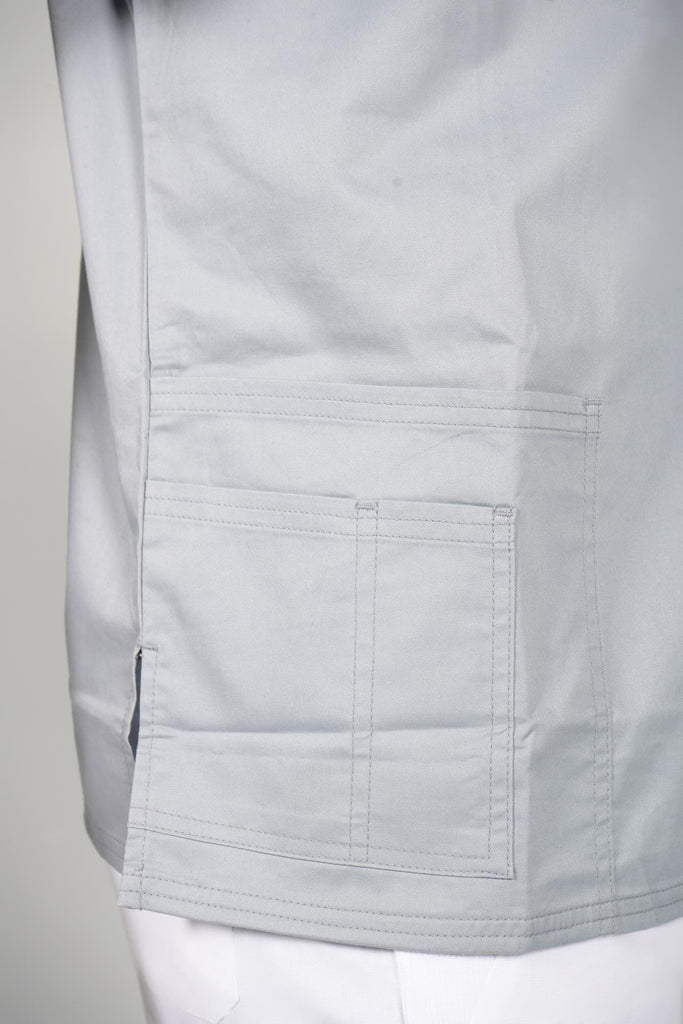 Men's 4-Pocket Scrub Top in Light Grey closeup on bottom pocket