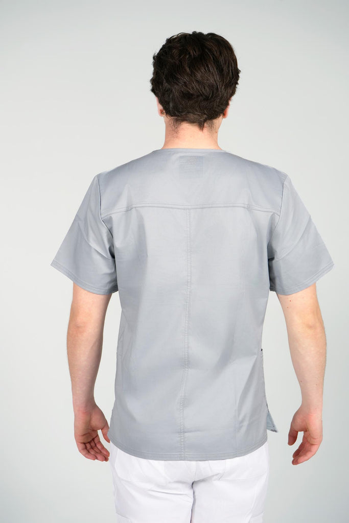 Men's 4-Pocket Scrub Top in Light Grey back view on model