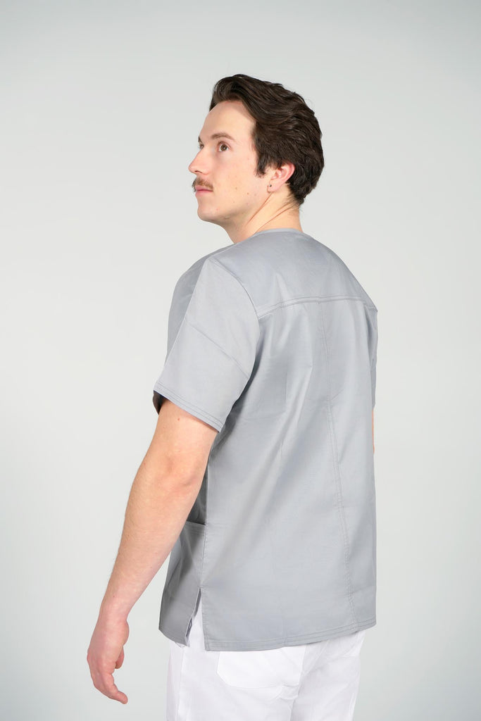 Men's 4-Pocket Scrub Top in Light Grey back angle view on model