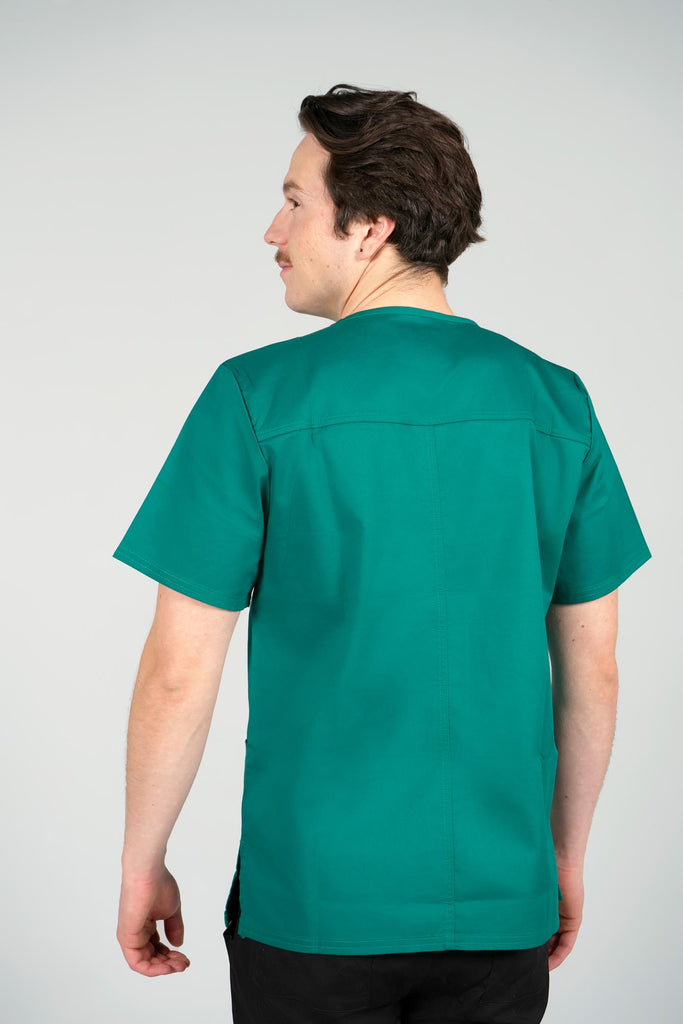 Men's 4-Pocket Scrub Top in Forest Green back view on model