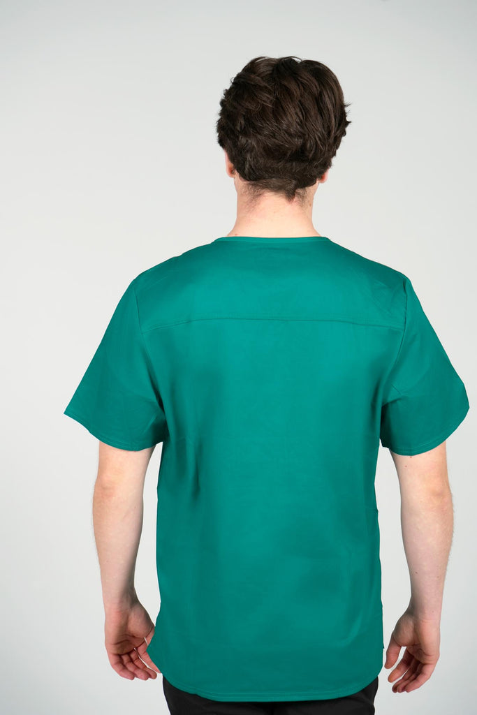 Men's 2-Pocket V-Neck Scrub Top in Forest Green back view on model