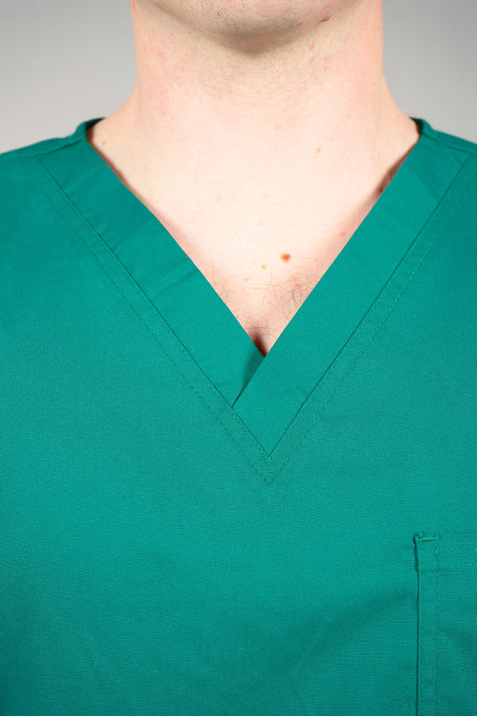Men's 3-Pocket Scrub Top in Forest Green closeup on neckline