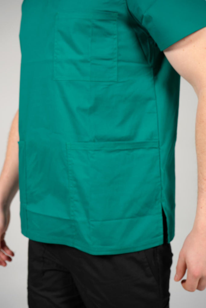 Men's 3-Pocket Scrub Top in Forest Green closeup on pockets