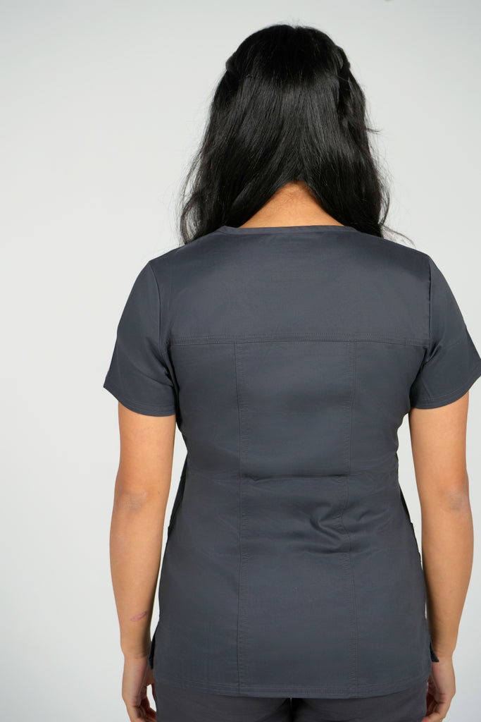 Women's Tailored 4-Pocket V-Neck Scrub Top in Charcoal back view