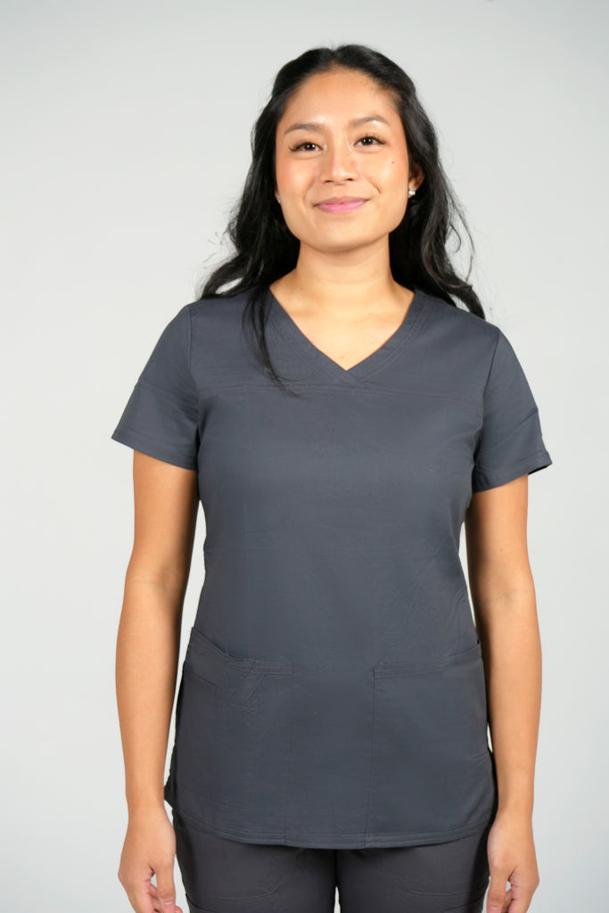 Women's Tailored 4-Pocket V-Neck Scrub Top in Charcoal front view on model