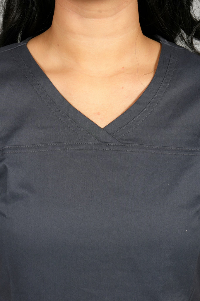 Women's Tailored 4-Pocket V-Neck Scrub Top in Charcoal closeup on neckline