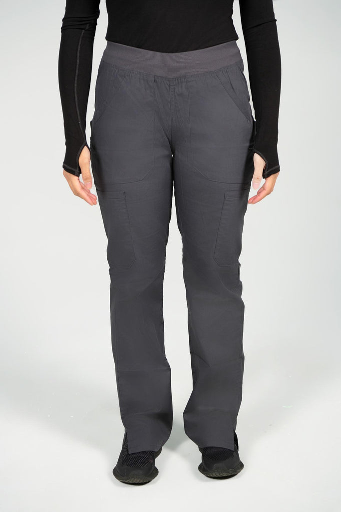 Women's 6-Pocket Elastic Scrub Pant in Charcoal front view on model