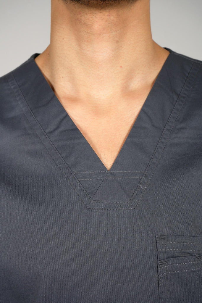 Men's 2-Pocket V-Neck Scrub Top in Charcoal closeup on neckline