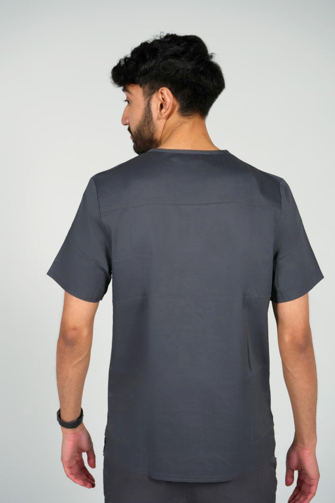 Men's 2-Pocket V-Neck Scrub Top in Charcoal back view on model