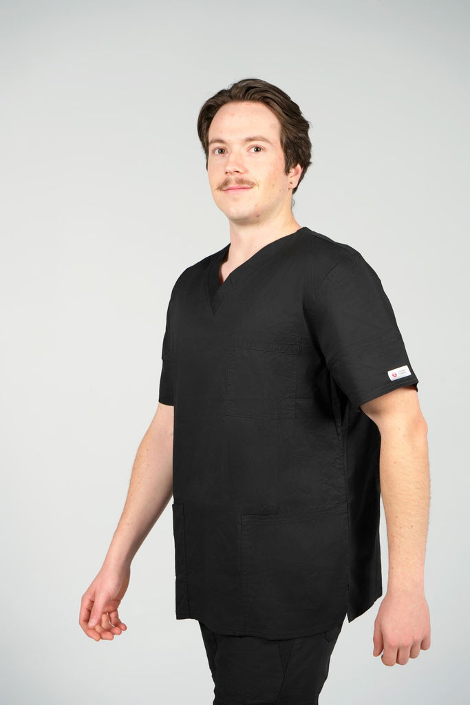 Men's 4-Pocket Scrub Top in black sideview on model