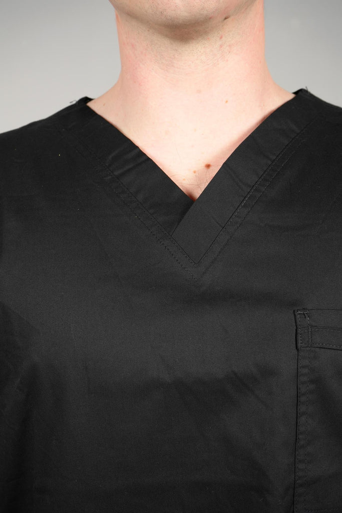 Men's 4-Pocket Scrub Top in black closeup on neckline