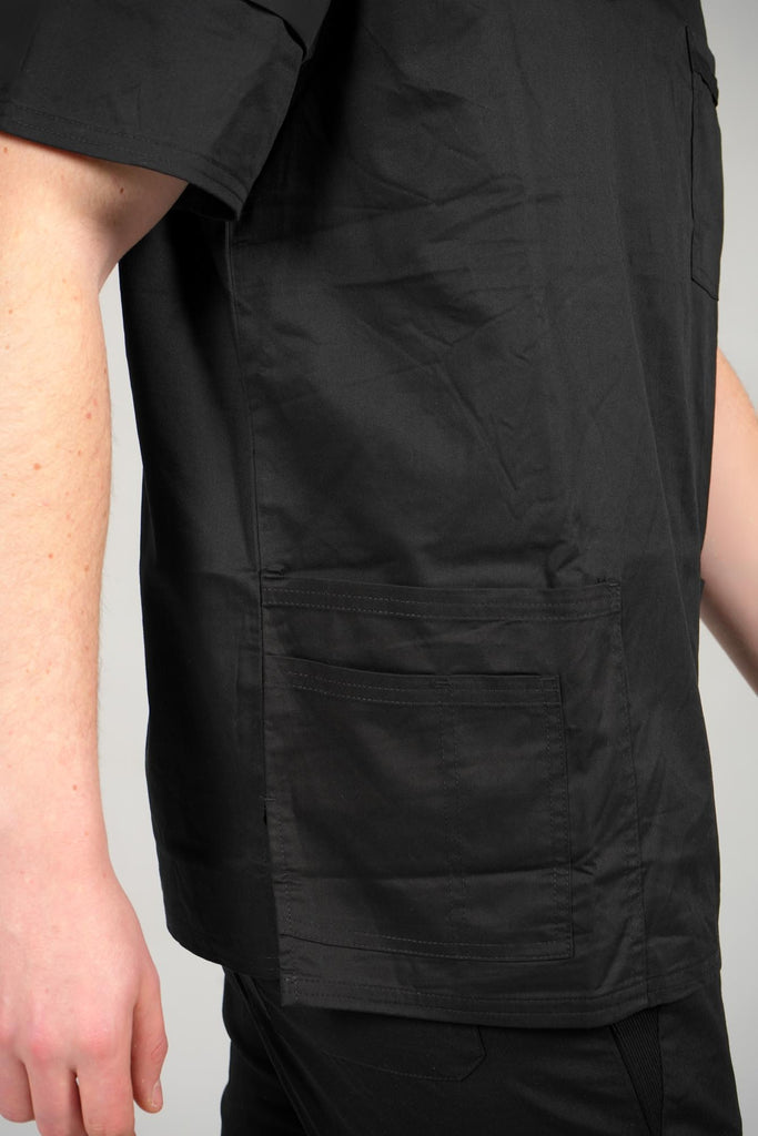 Men's 4-Pocket Scrub Top in black sideview showing pockets