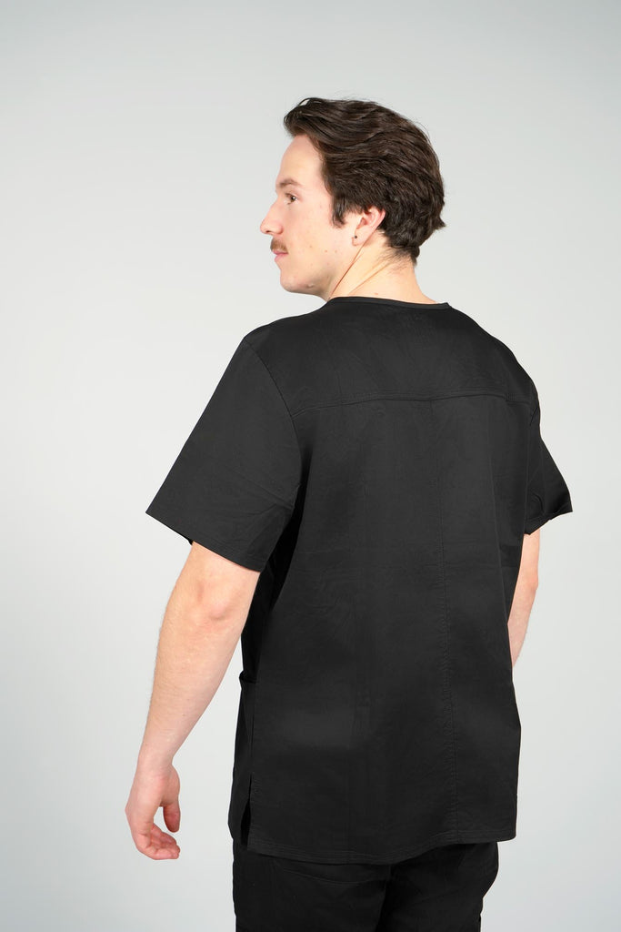 Men's 4-Pocket Scrub Top in black on model back view