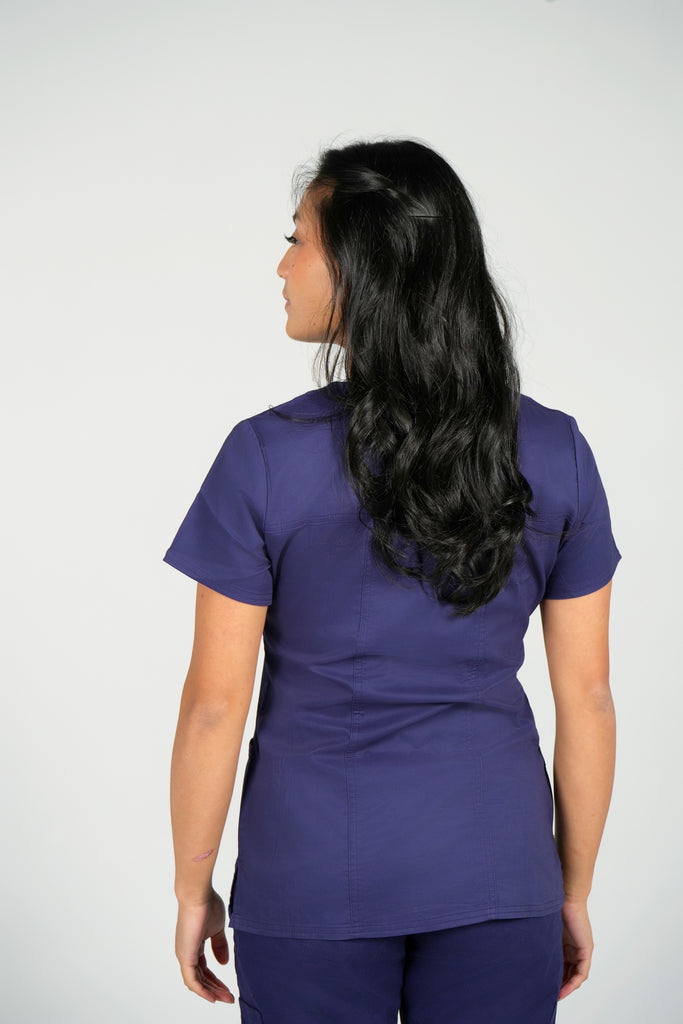 Women's Tailored 4-Pocket V-Neck Scrub Top in Navy back view