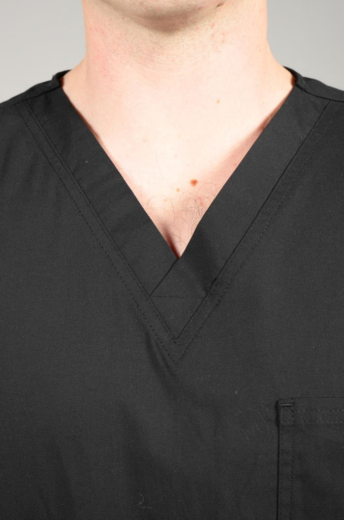 Men's 3-Pocket Scrub Top in Black closeup on neckline