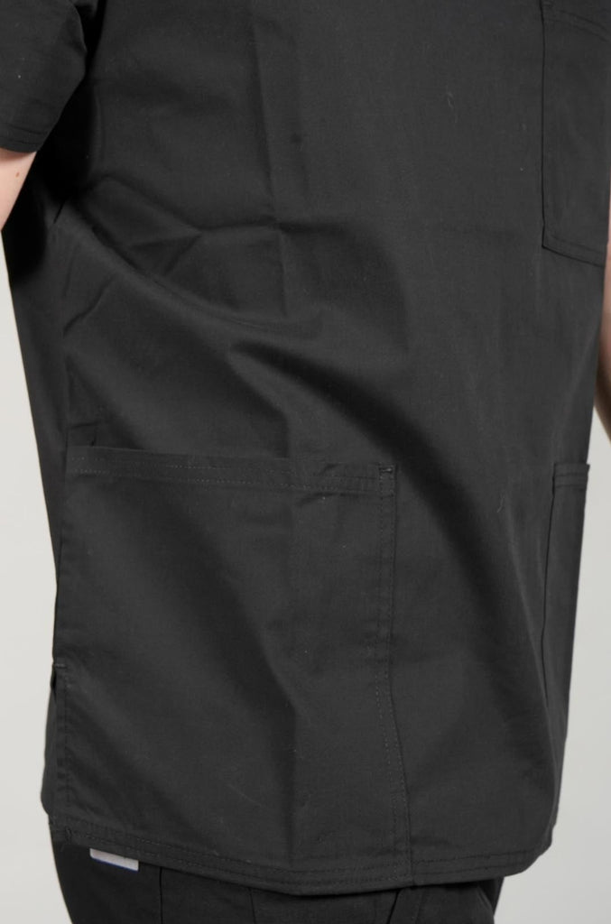 Men's 3-Pocket Scrub Top in Black closeup on bottom pocket