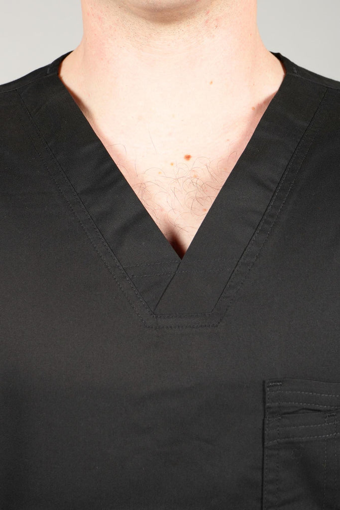 Men's 2-Pocket V-Neck Scrub Top in Black closeup on neckline
