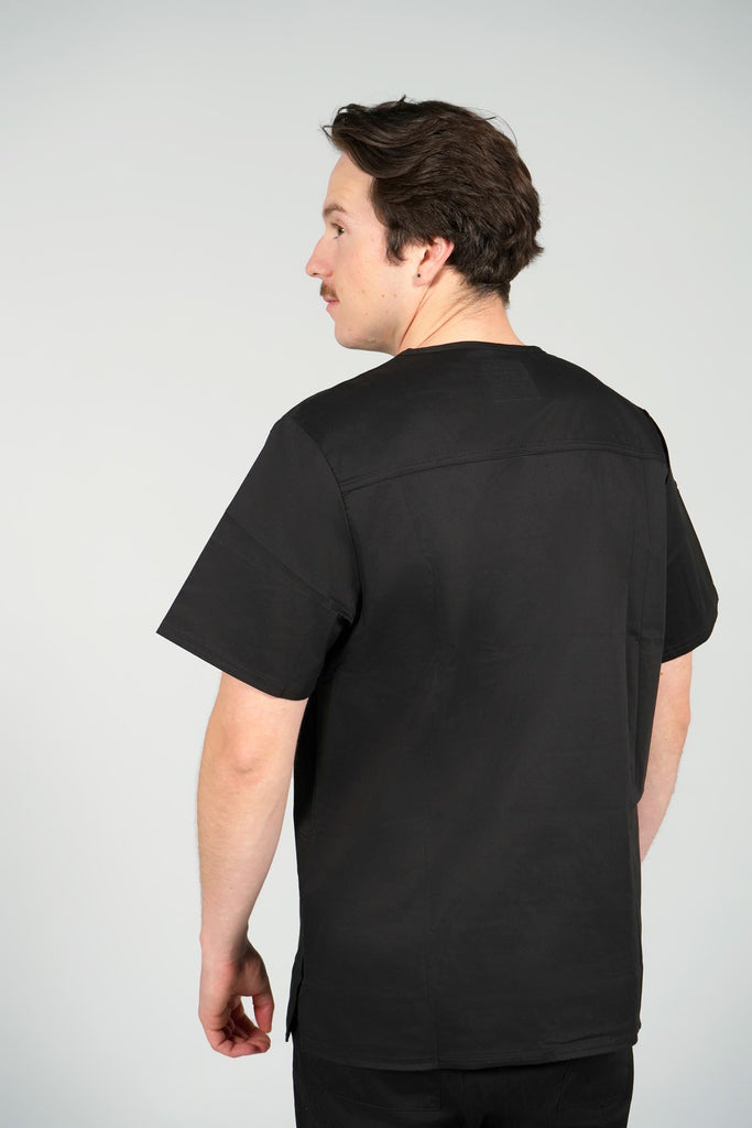 Men's 2-Pocket V-Neck Scrub Top in Black view from back on model