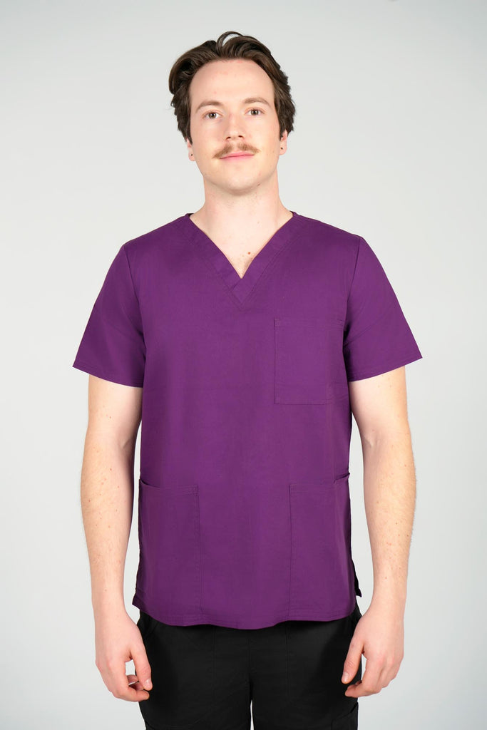 Men's 3-Pocket Scrub Top in Eggplant front view on model