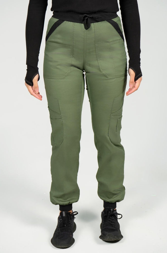 Women's 14-Pocket Cargo Scrub Jogger in shade olive front view
