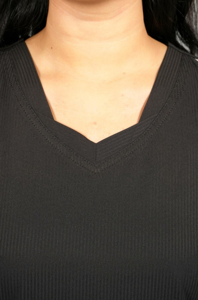 Women's Active Striped Scrub Top in black closeup on neckline