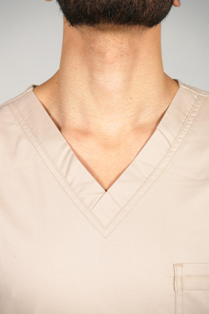 Men's 4-Pocket Scrub Top in beige closeup on neckline