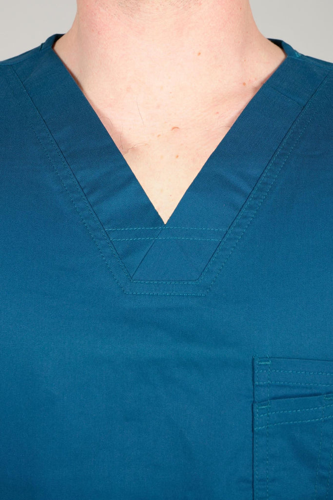 Men's 2-Pocket V-Neck Scrub Top in Caribbean closeup on neckline