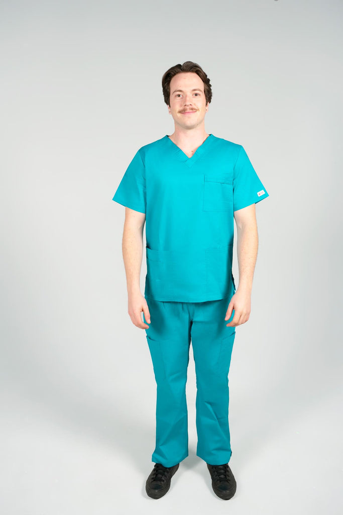 Men's 4-Pocket Scrub Top in Teal front view on model wearing matching teal scrub pants
