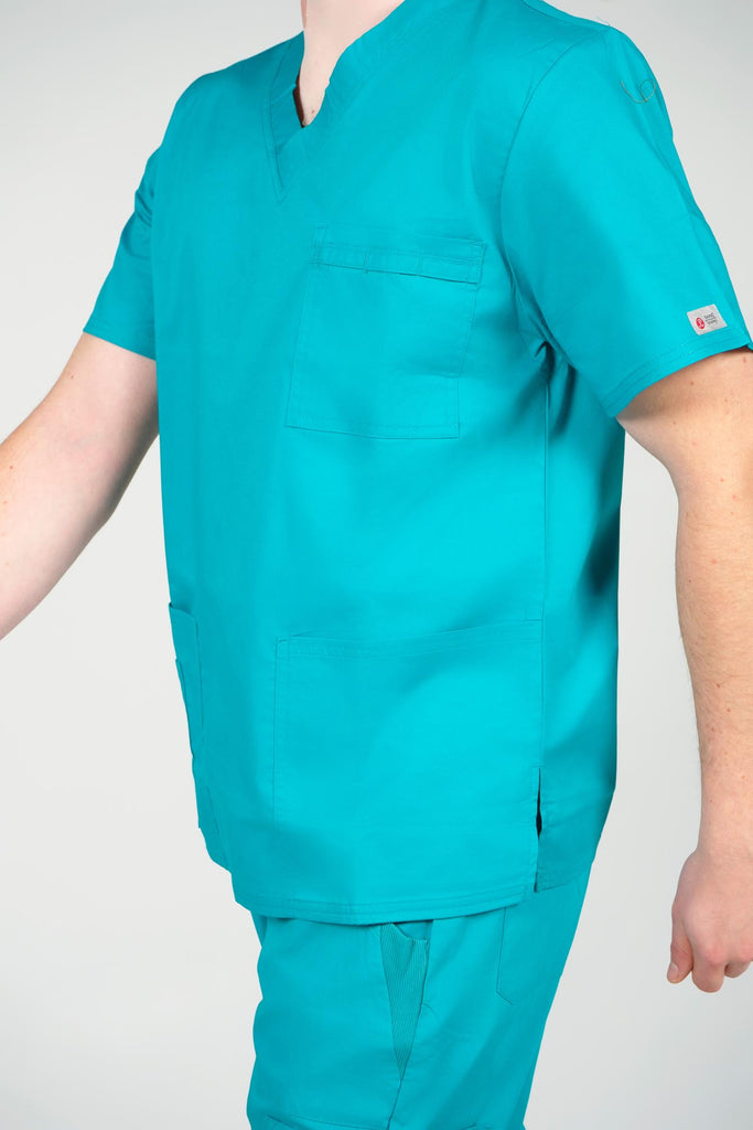 Men's 4-Pocket Scrub Top in Teal closeup on top and side pockets