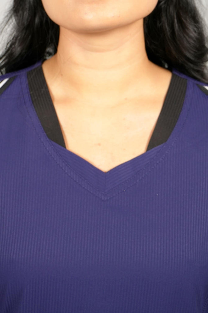 Women's Active Striped Scrub Top in navy closeup on neckline