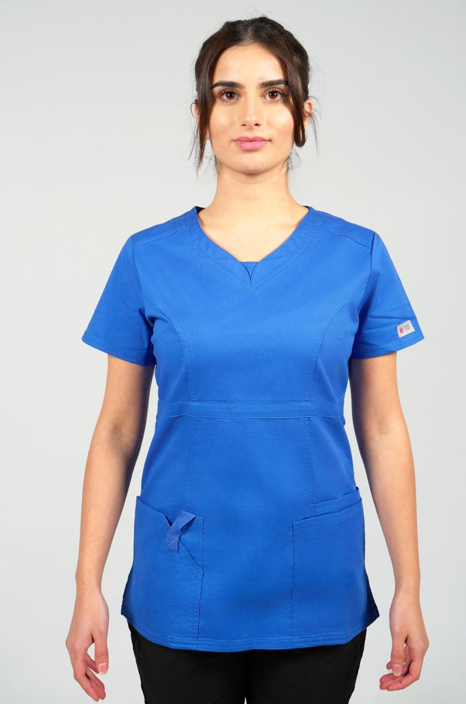 woman wearing royal blue v-neck scrub top from rhino workwear front view