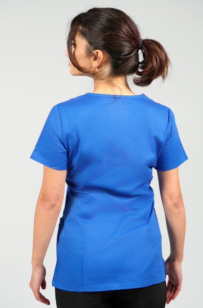 Women's 4-Pocket Curved V-Neck Scrub Top in Royal Blue back view on model