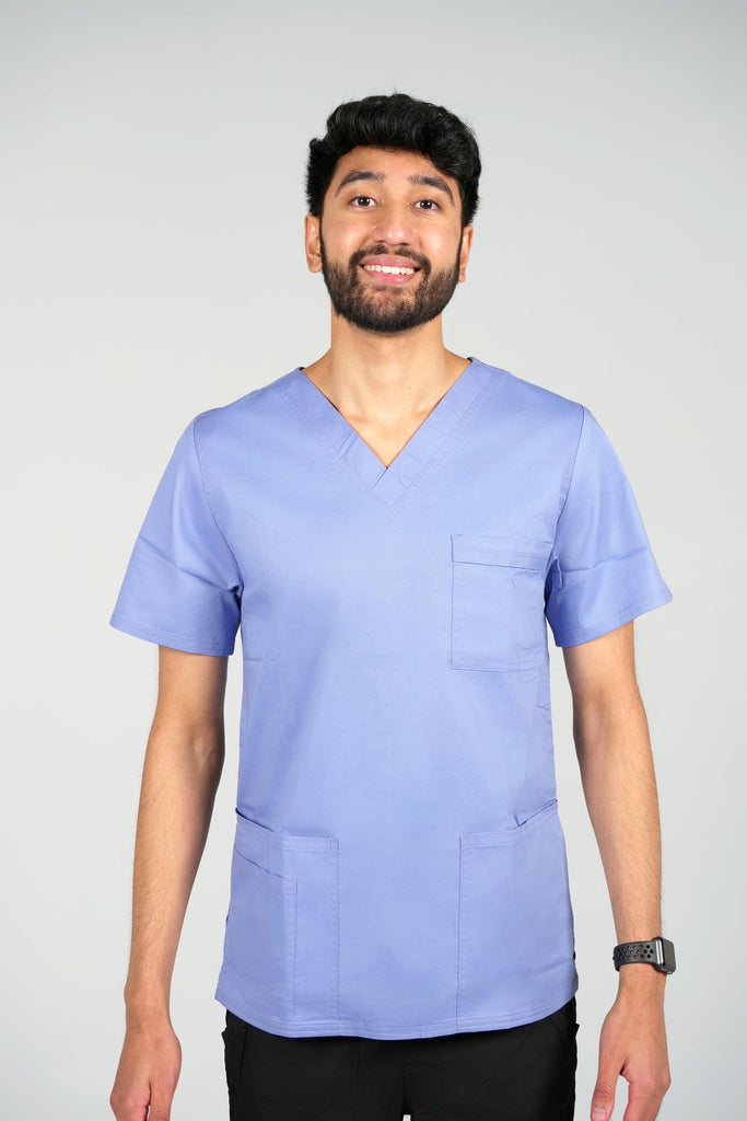 Men's 4-Pocket Scrub Top in Periwinkle front view on model