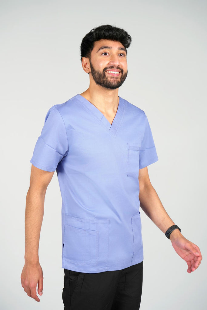Men's 4-Pocket Scrub Top in Periwinkle front angle view on model