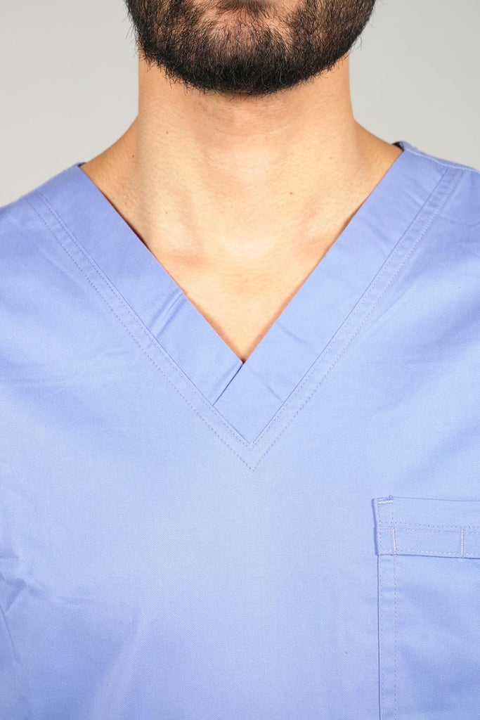 Men's 4-Pocket Scrub Top in Periwinkle closeup on neckline