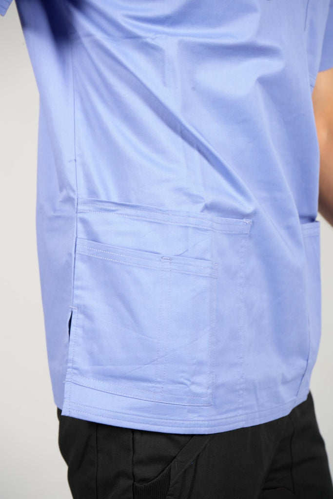 Men's 4-Pocket Scrub Top in Periwinkle closeup on bottom pockets