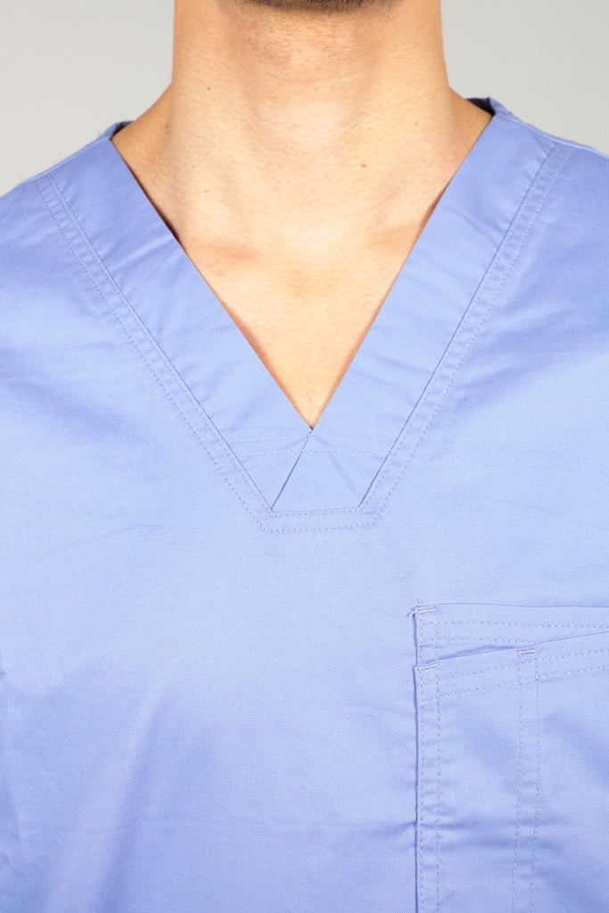 Men's 2-Pocket V-Neck Scrub Top in Periwinkle closeup on neckline