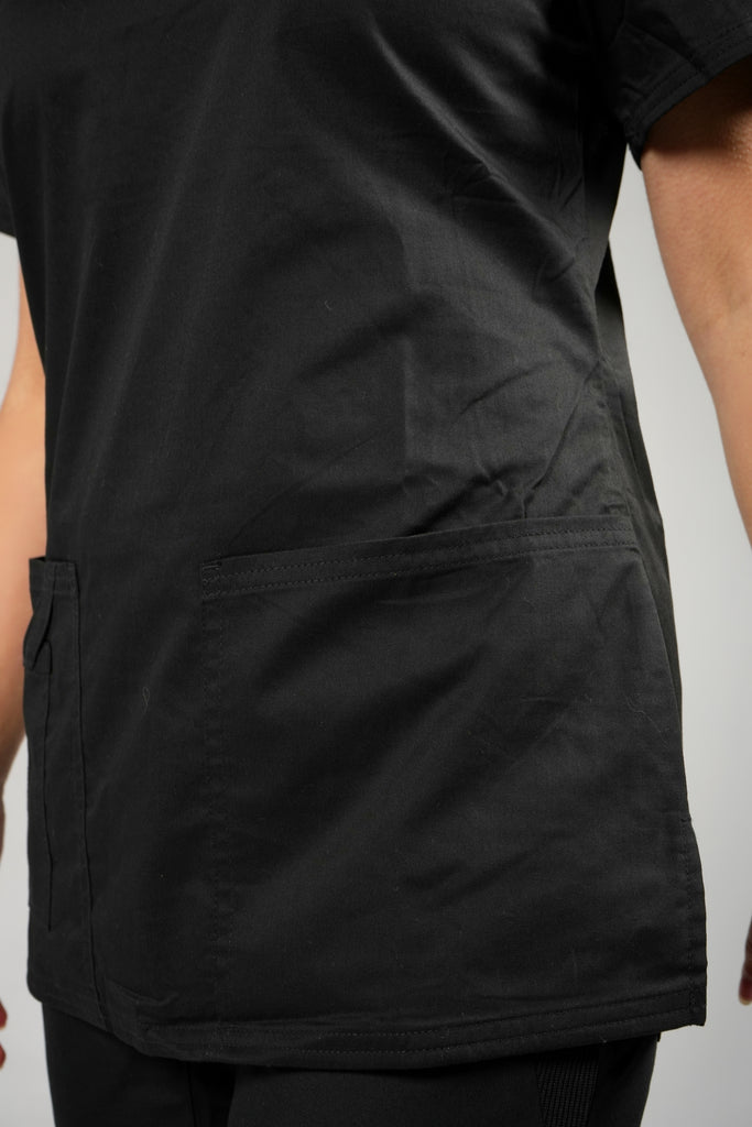 Women's Tailored 4-Pocket V-Neck Scrub Top in Black closeup on pocket