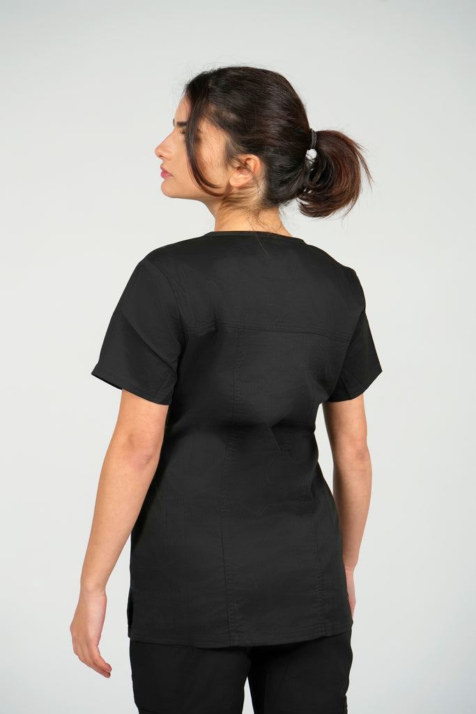 Women's Tailored 4-Pocket V-Neck Scrub Top in Black on model back view