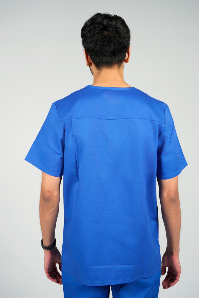 Men's 2-Pocket V-Neck Scrub Top in Royal Blue back view on model