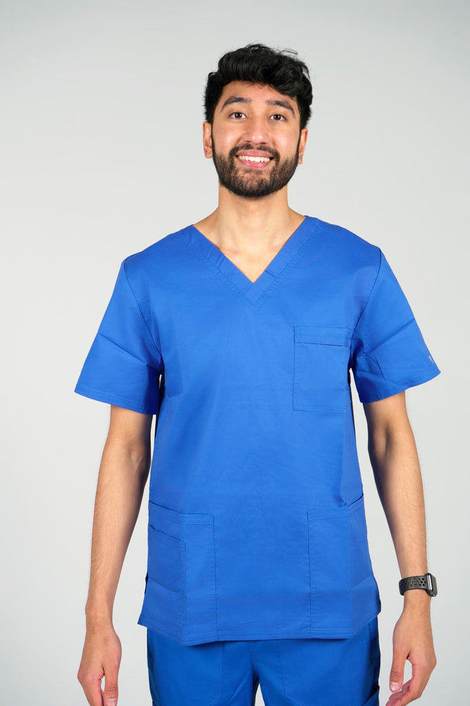 Men's 4-Pocket Scrub Top in Royal Blue front view on model